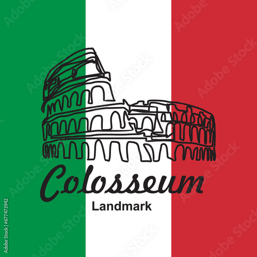 Italian landmark Colosseum, Vector illustration line art with flag of italy. convert eps.