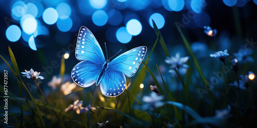 Beautiful blue butterfly is sitting on the grass in the night
