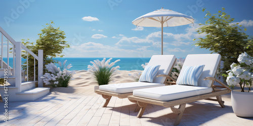 Beach home with white lounge chairs and tables