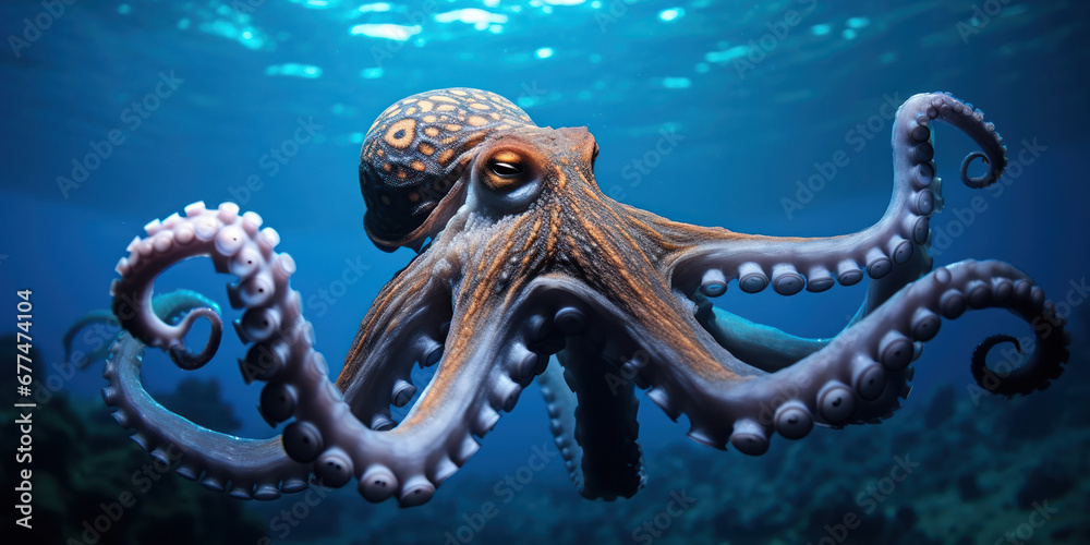 An octopus glides through the azure waters, a fluid shadow in the marine blue An octopus glides through the azure waters, a fluid shadow in the marine blue