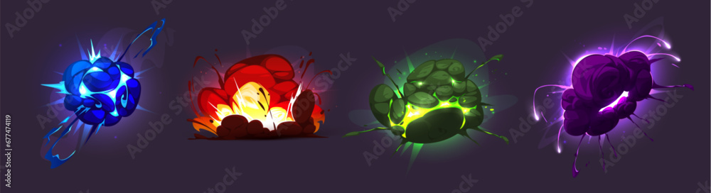 Explosion boom effects set isolated on background. Vector cartoon illustration of blue, red, green, purple fire and smoke clouds, bomb blast, magic power strike with lightning, sparkles, alien attack
