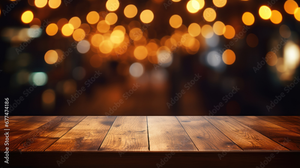 Wooden Table Elegance, Golden Bokeh in Restaurant Space Wooden Table Elegance, Golden Bokeh in Restaurant Space