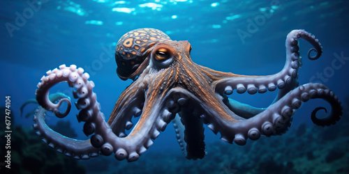 An octopus glides through the azure waters, a fluid shadow in the marine blue