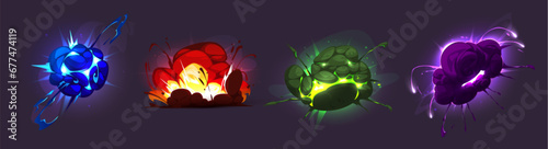 Explosion boom effects set isolated on background. Vector cartoon illustration of blue, red, green, purple fire and smoke clouds, bomb blast, magic power strike with lightning, sparkles, alien attack
