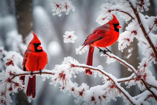 red cardinal in the snow on the bench © MISHAL