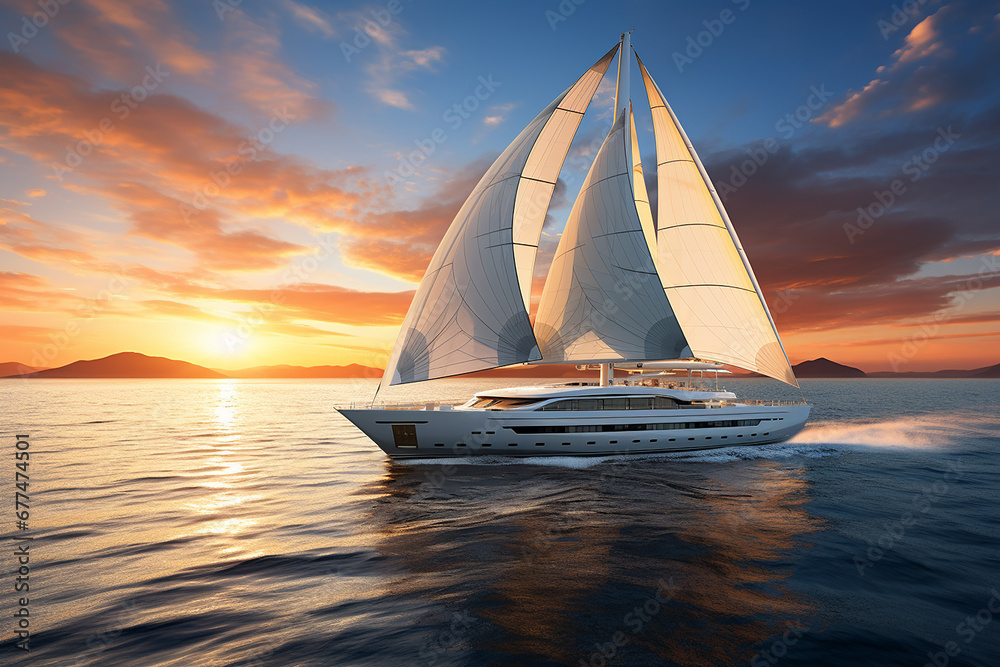 Generative AI Image of Yacht Sailing in the Sea at Sunrise