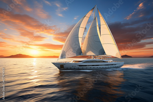 Generative AI Image of Yacht Sailing in the Sea at Sunrise © heartiny