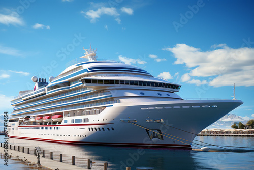 Generative AI Image of Luxury White Cruise Ship Docked in Port on Sunny Day © heartiny