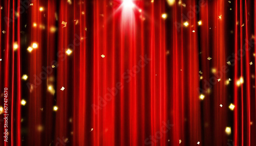 red curtain material. Spotlight. Confetti. photo