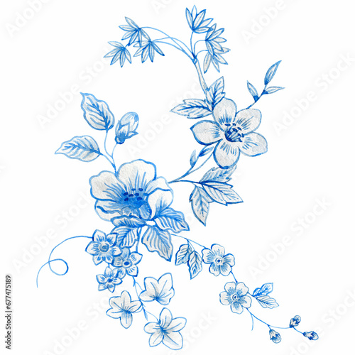 Beautiful floral composition with hand drawn watercolor wild blue and white herbs and flowers. Stock illustration.