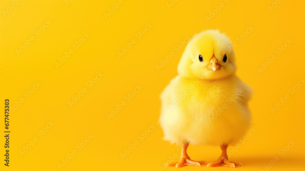 Single Small Chicken on Yellow Background