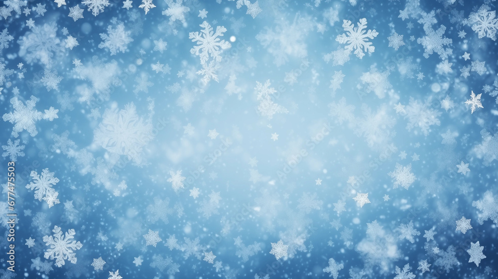 Abstract white snowflakes and blurry lights on blue background. Winter abstract snowfall. Christmas concept.