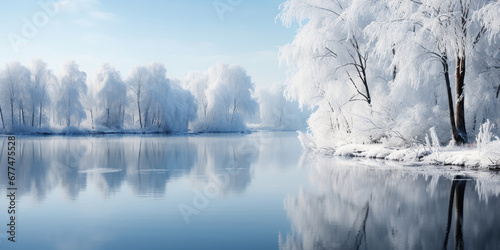 Pond lies frozen, a glassy mirror reflecting the stark beauty of winter's touch © vectorizer88