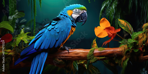 The blue parrot sits regally on its branch, a splash of color against the tapestry of green leaves © vectorizer88