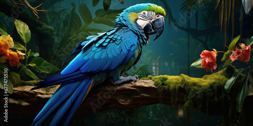 The blue parrot sits regally on its branch, a splash of color against the tapestry of green leaves