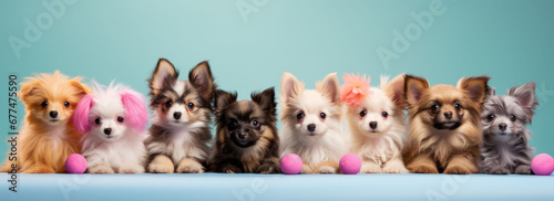 Line of adorable puppies with colorful bows on soft background. Perfect for pet care and family themes
