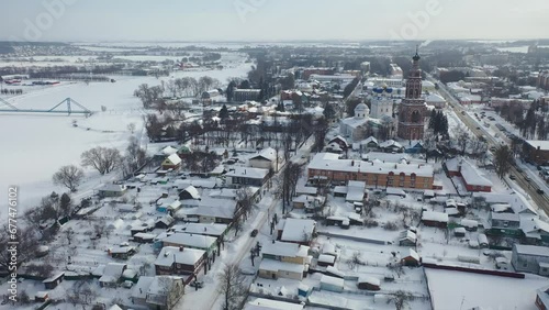 Aerial view of the Cathedral of the Archangel Michael and the bell tower in Bronnitsy in winter, Moscow region, Russia