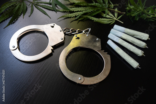 Marijuana handcuffs isolated on black background. photo