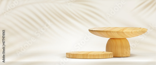 Wooden platforms on beige wall background with plant shadow. Vector realistic illustration of natural wood podiums for products presentation, round shape pedestal mockup, organic cosmetics advertising