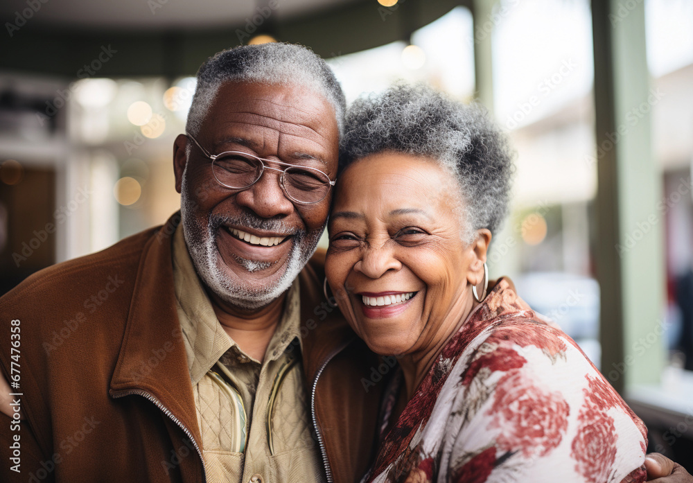Healthy African American senior couple smiling happy and embracing together, love and relationship concept Healthy African American senior couple smiling happy and embracing together, love and relationship concept