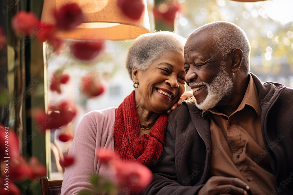 Healthy African American senior couple smiling happy and embracing together, love and relationship concept