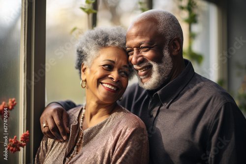 Healthy African American senior couple smiling happy and embracing together, love and relationship concept