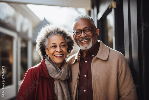 Healthy African American senior couple smiling happy and embracing together, love and relationship concept photo