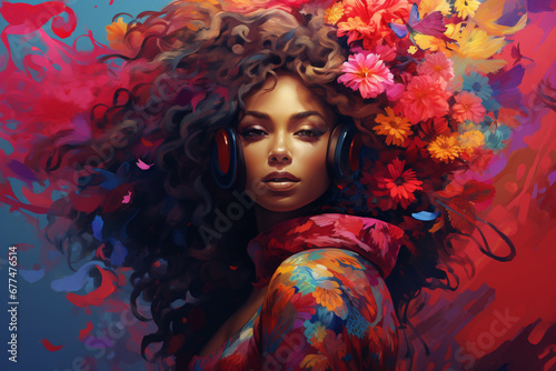 portrait of a woman with colorful hair and flowers on his head beautiful colorful art 