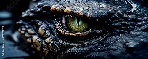 Close up of open yellow eye of wild angry alligator who watching for victim for attack outdoor