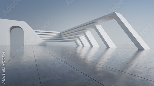 Abstract architecture design of modern building. Empty parking area floor and concrete wall with blue sky view. 3D rendering background image for car scene.