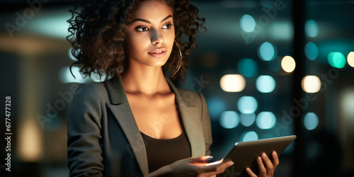 Professional Black Woman Conducting Nighttime Finance Review on Business Tablet