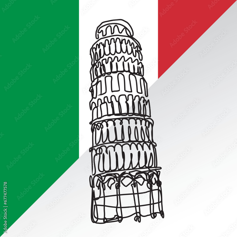 Italian landmark Piza Tower, Vector illustration line art with flag of italy. convert eps.
