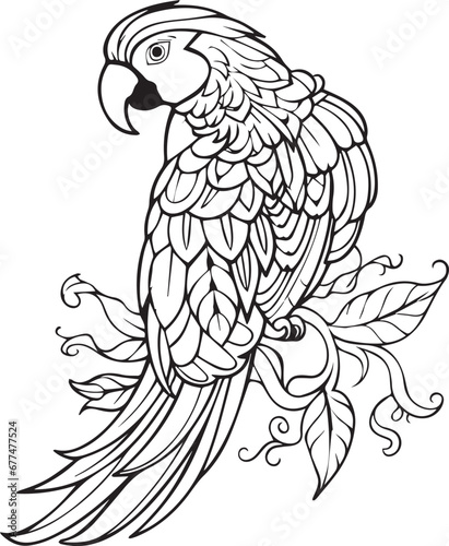 Parrot on a branch Line art coloring book page design