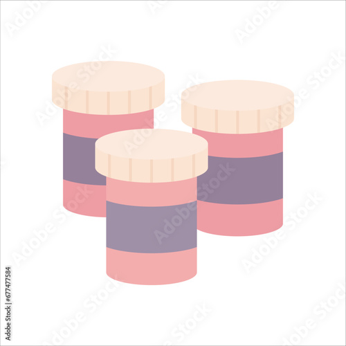 Bottle of abstract pills. Medicines, vitamins in capsules scattered from glass drug container. Health supplement in open transparent jar with lid. Flat vector illustration isolated on white background