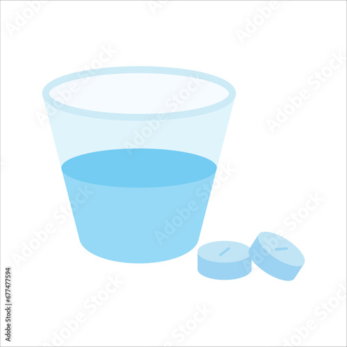 Effervescent pill dissolve in a glass of water. Flat vector illustration of fizzy tablet. photo
