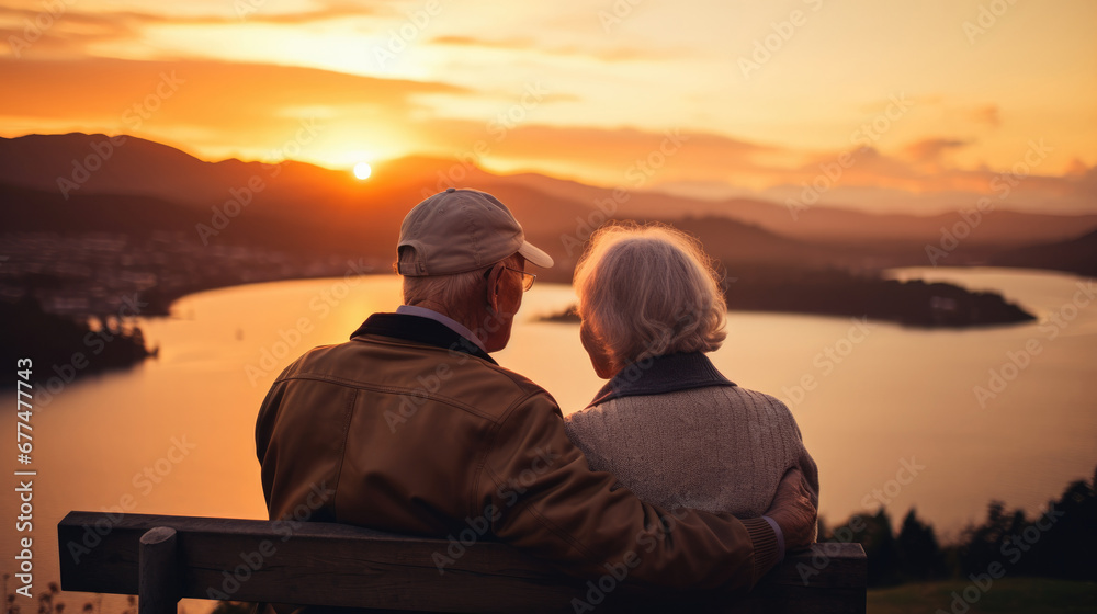 Older retired couple sitting on bench together and watching the sunset over a large lake