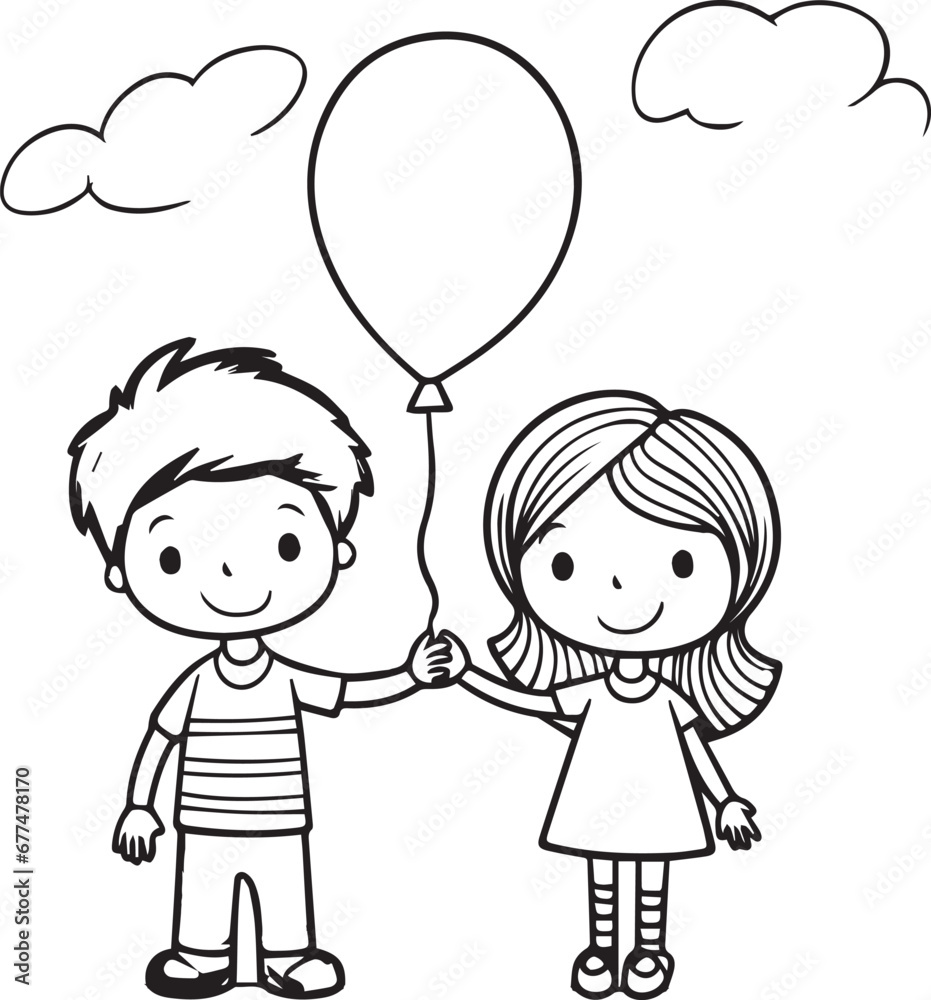 Brother and sister playing with balloons line art coloring page design Brother and sister playing with balloons line art coloring page design