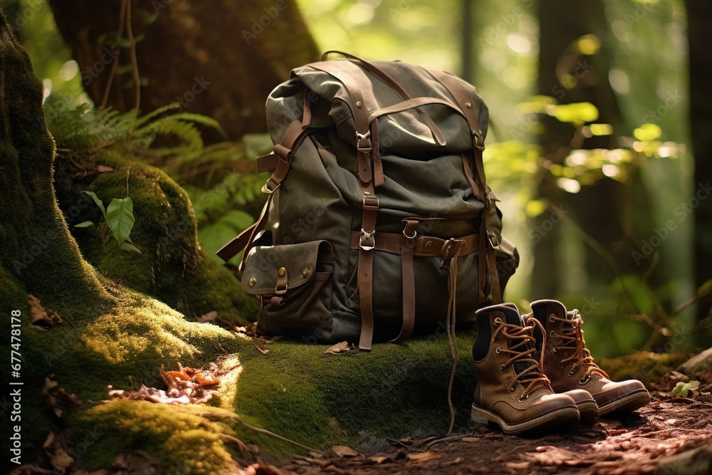 Hiking boots and backpack in the forest. Travel and adventure concept