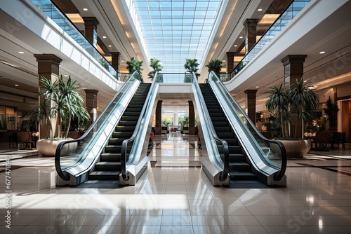 Escalator in modern shopping mall. Modern luxury escalators with stairs at the airport photo