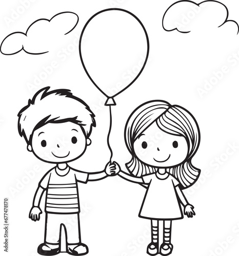 Brother and sister playing with balloons line art coloring page design