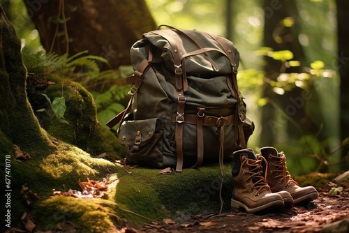 Hiking boots and backpack in the forest. Travel and adventure concept