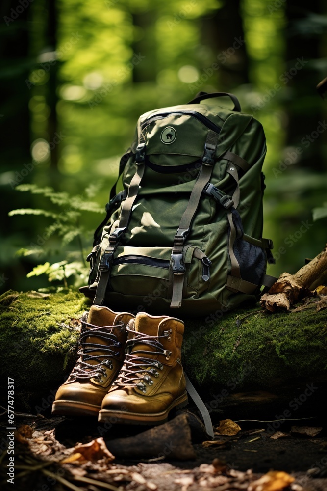 Hiking boots and backpack in the forest. Travel and adventure concept Hiking boots and backpack in the forest. Travel and adventure concept
