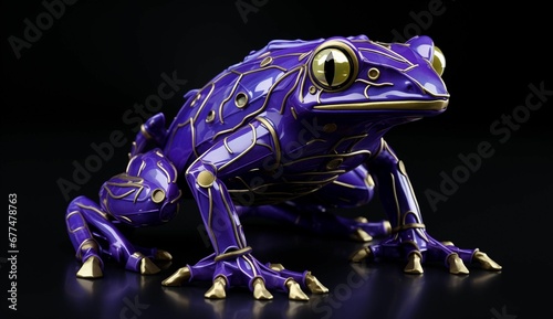 the purple and gold frog figurine is sitting on the black background