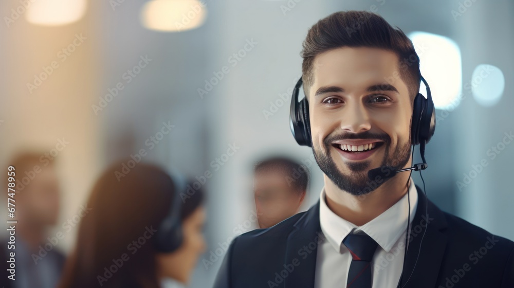 call center staff with sweet smiles Wearing headphones working at modern office call center staff with sweet smiles Wearing headphones working at modern office