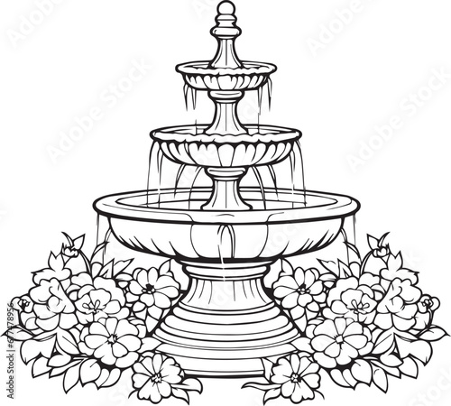 Decorative fountain in the garden line art coloring page design