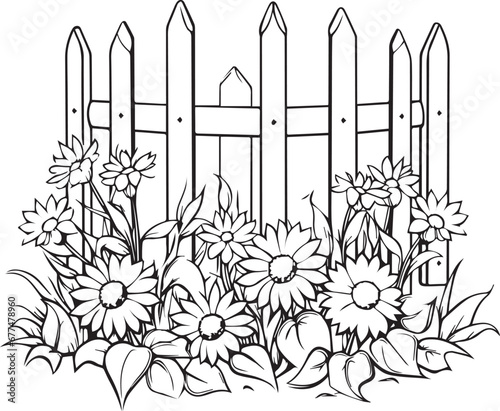 Flowers and fence line art coloring page design