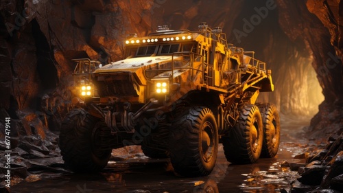 Mine trucks drive through the mine