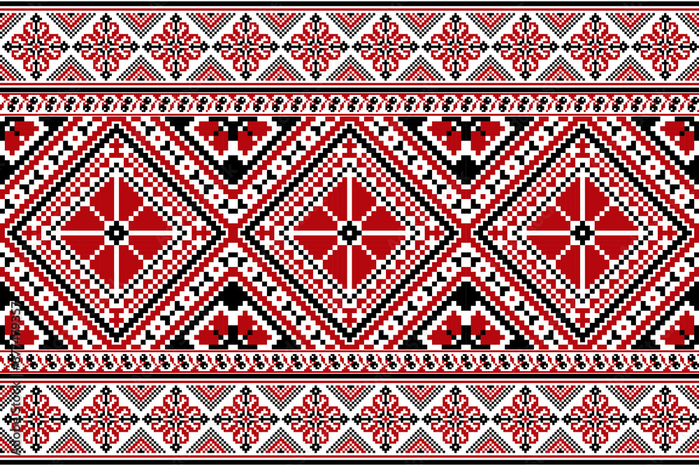 flower embroidery on white background. ikat and cross stitch geometric seamless pattern ethnic oriental traditional. Aztec style illustration design for carpet, wallpaper, clothing, wrapping, batik.