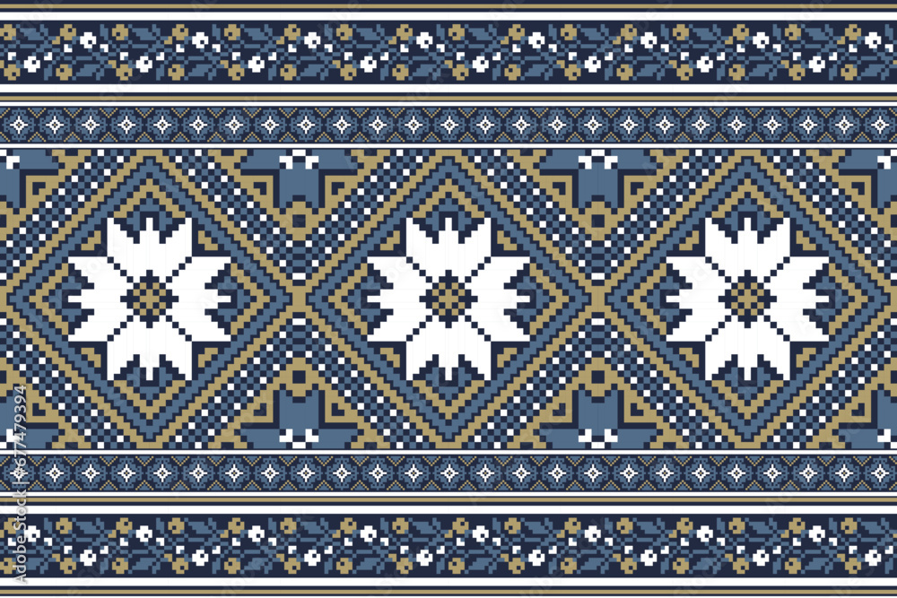 flower embroidery on blue background. ikat and cross stitch geometric seamless pattern ethnic oriental traditional. Aztec style illustration design for carpet, wallpaper, clothing, wrapping, batik.