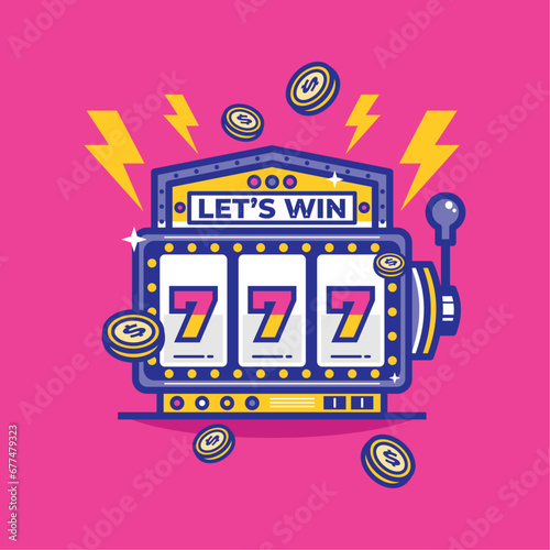 Slot machine with lucky sevens jackpot vector illustration. Win jackpot money